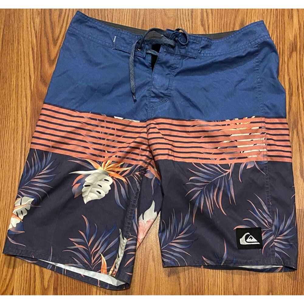 Quiksilver Board Shorts Mens 29 8" Floral Stripes Beach Swim Trunks Pocket - Picture 1 of 6